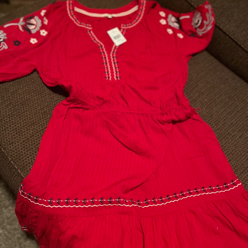 Vibrant Red Embroidered Women's Casual Dress
